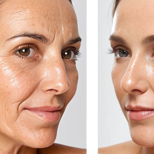 Home 11 **
A split image. On one side, a close-up of a woman's face with visible wrinkles and sun damage. On the other side, the same woman's face appears noticeably smoother, brighter, and more youthful, showcasing the potential benefits of consistent use of effective collagen-boosting skincare. The background is a clean, minimalist skincare aisle setting.
**