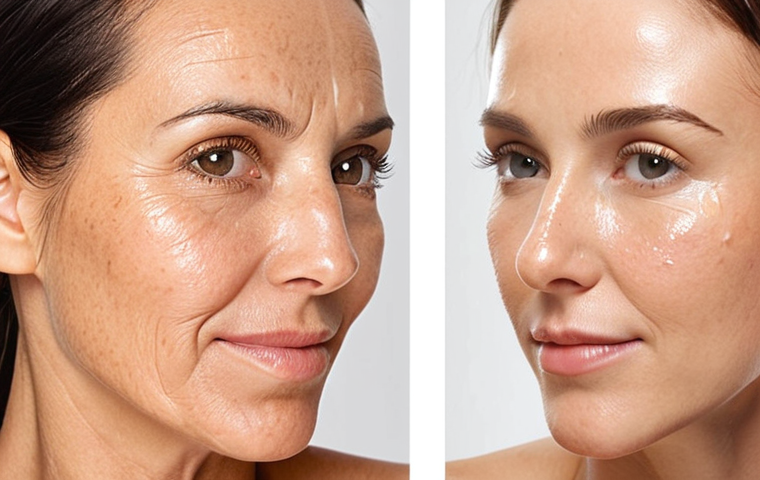 **
A split image. On one side, a close-up of a woman's face with visible wrinkles and sun damage. On the other side, the same woman's face appears noticeably smoother, brighter, and more youthful, showcasing the potential benefits of consistent use of effective collagen-boosting skincare. The background is a clean, minimalist skincare aisle setting.
**