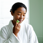**

A woman with combination skin applying Innisfree Green Tea Seed Serum to her face in a brightly lit bathroom. She is fully clothed in a comfortable robe. The bathroom is clean and modern, with a focus on natural light and minimalist decor. The scene emphasizes skincare and self-care. Safe for work, appropriate content, fully clothed, professional, natural pose, perfect anatomy, well-formed hands, proper finger count, modest clothing.

**