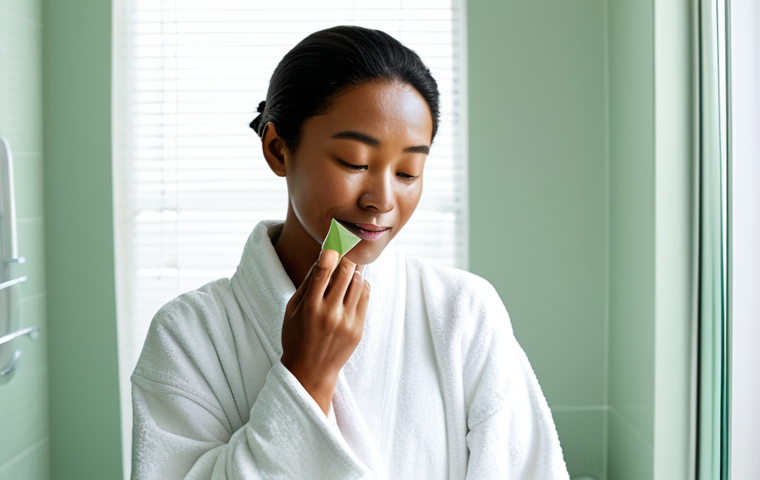 **
A woman with combination skin applying Innisfree Green Tea Seed Serum to her face in a brightly lit bathroom. She is fully clothed in a comfortable robe. The bathroom is clean and modern, with a focus on natural light and minimalist decor. The scene emphasizes skincare and self-care. Safe for work, appropriate content, fully clothed, professional, natural pose, perfect anatomy, well-formed hands, proper finger count, modest clothing.
**