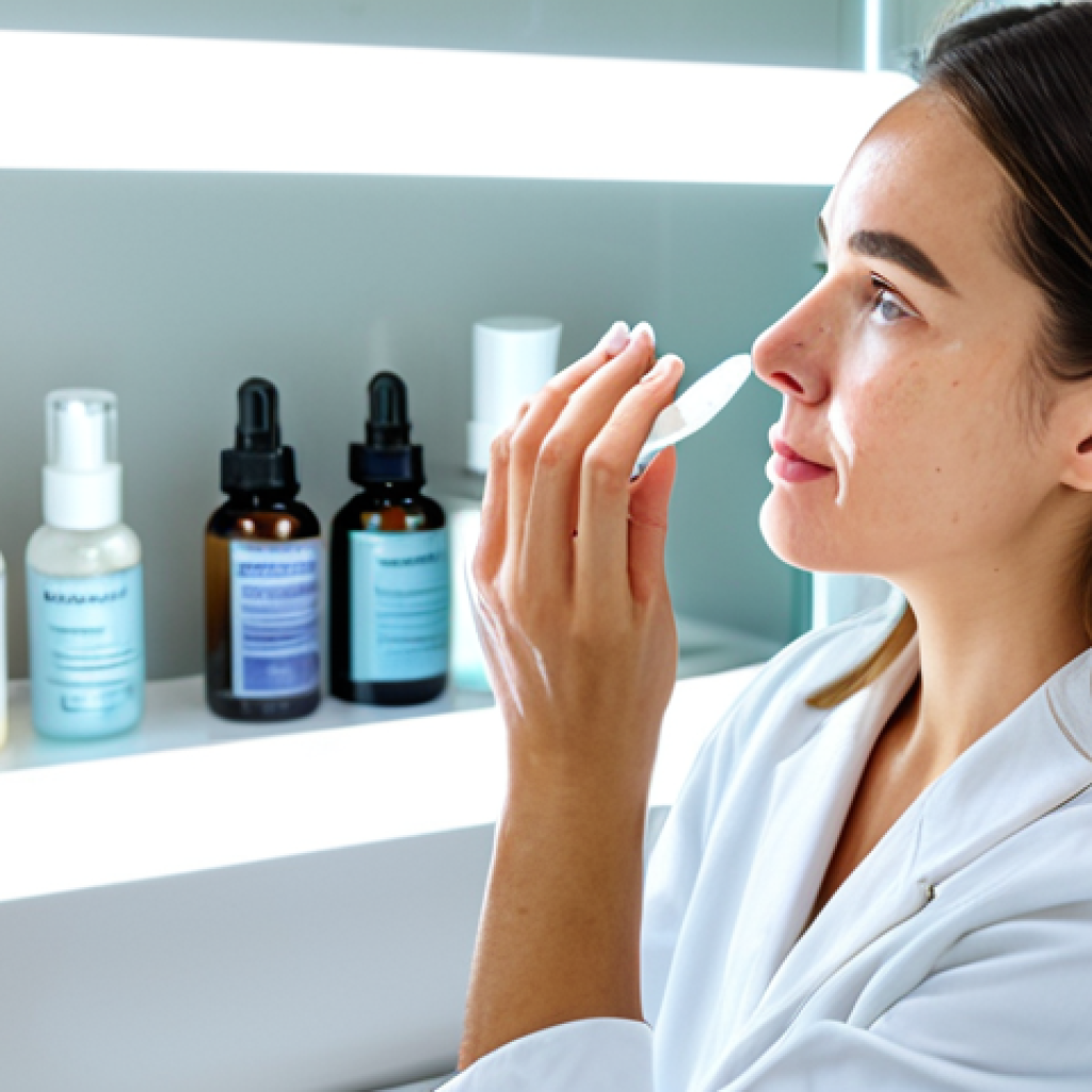 수분 부족형 지성 피부 관리 팁 - Skincare Routine Visualization**

"A woman with slightly oily skin, examining her face closely in a ...