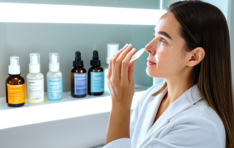 수분 부족형 지성 피부 관리 팁 - Skincare Routine Visualization**
"A woman with slightly oily skin, examining her face closely in a ...