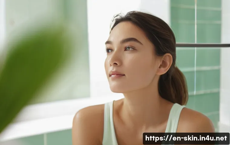 피부 장벽 회복 성분  판테놀 - A close-up portrait of a young woman with glowing, hydrated skin applying a lightweight serum contai...