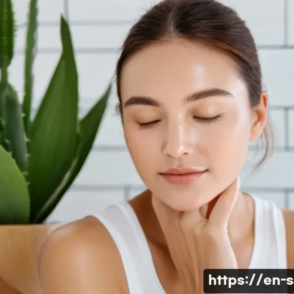 센텔라 아시아티카 성분 효능 - A serene skincare scene featuring a woman with sensitive skin applying a lightweight Centella Asiati...
