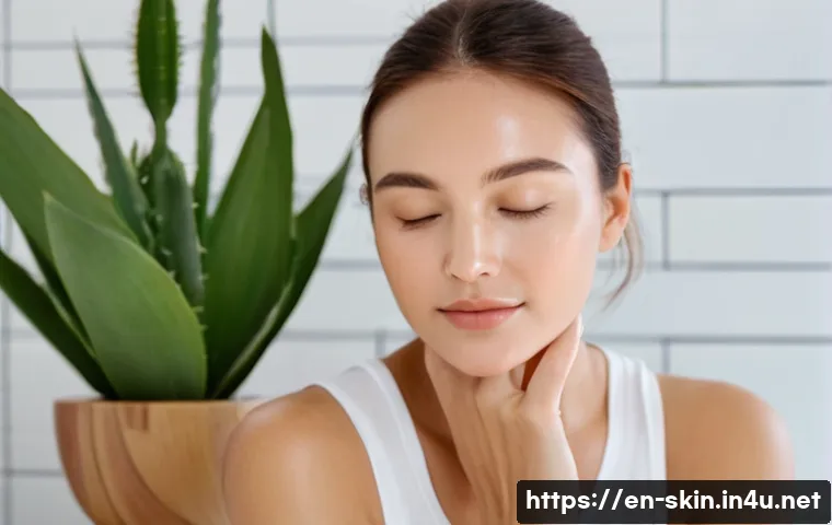센텔라 아시아티카 성분 효능 - A serene skincare scene featuring a woman with sensitive skin applying a lightweight Centella Asiati...