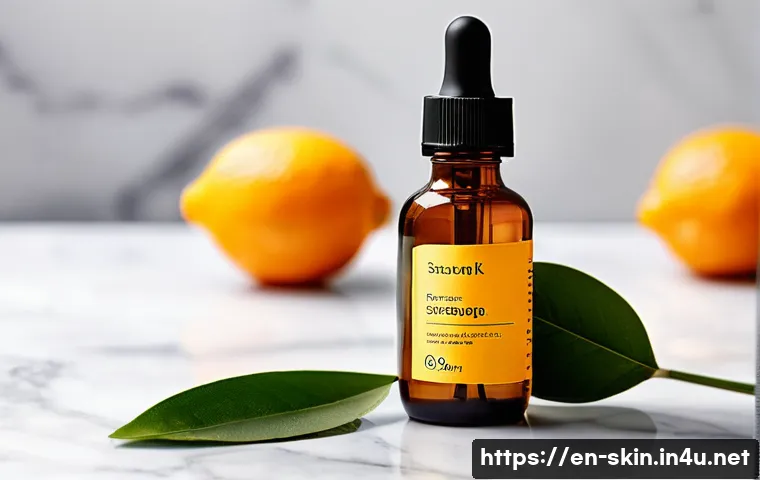 비타민C 세럼 효과와 추천 제품 - A close-up image of a modern skincare serum bottle with a dropper, labeled "Vitamin C Serum," restin...