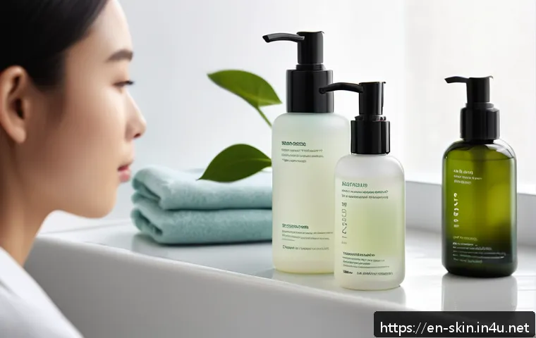 모공 관리 제품  토너와 세럼 추천 - A serene skincare scene featuring a diverse group of young adults with clear, glowing skin applying ...