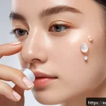 Home 18 트러블 진정 앰플 추천 - A close-up, hyper-realistic image of a young woman with sensitive, acne-prone skin applying a calmin...