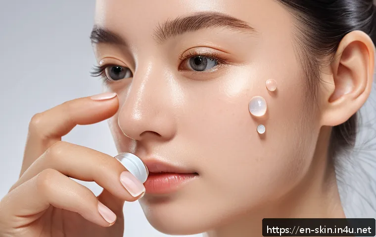 트러블 진정 앰플 추천 - A close-up, hyper-realistic image of a young woman with sensitive, acne-prone skin applying a calmin...