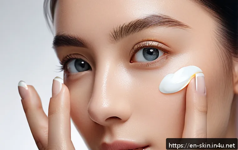 AHC 리얼 아이크림 포 페이스 리뷰 - A close-up, hyper-realistic image of a woman gently applying AHC Real Eye Cream around her delicate ...
