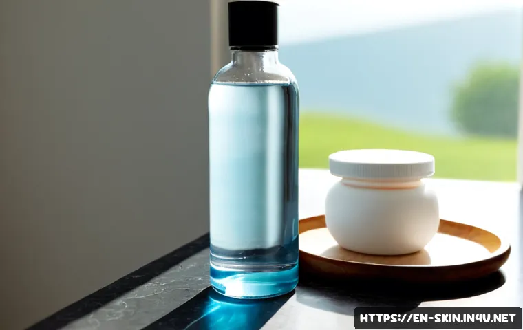 Home 17 피부 pH 밸런스를 위한 토너 - Photorealistic skincare still life for balanced skin pH: an unbranded clear glass toner bottle besid...